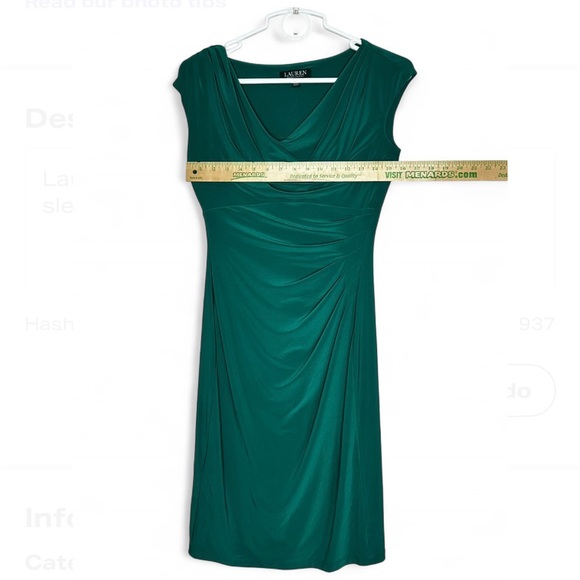 RALPH LAUREN Emerald Green Midi Ruched And Sleeveless Dress 2 . - Picture 7 of 8